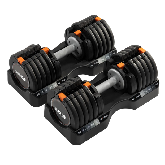 The Iron Dad Adjustable Dumbbell Set (Pair) 10–55 lb / 5–25 kg — 15 Settings + Storage Tray