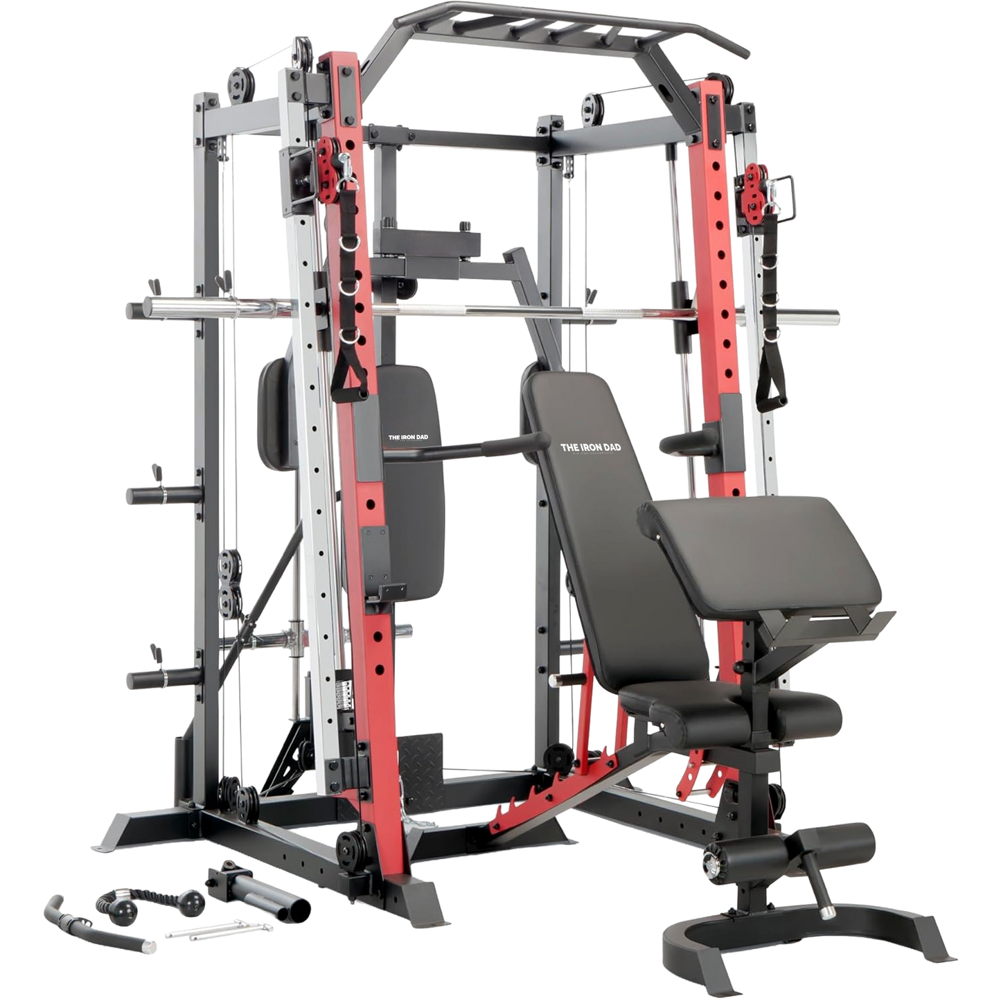 The Iron Dad Smith Machine Cage System with Pull-Up Bar + Landmine Station (SM-4033) + Adjustable Bench