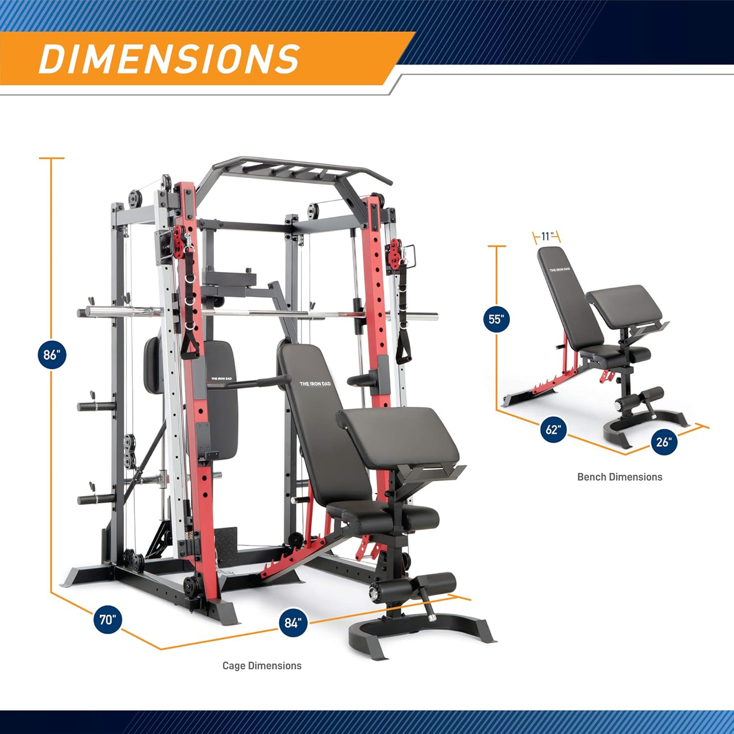 The Iron Dad Smith Machine Cage System with Pull-Up Bar + Landmine Station (SM-4033) + Adjustable Bench