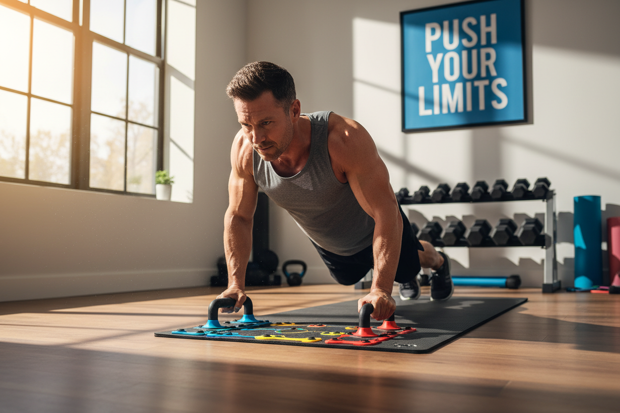 dad who working out as home using our push up board product 